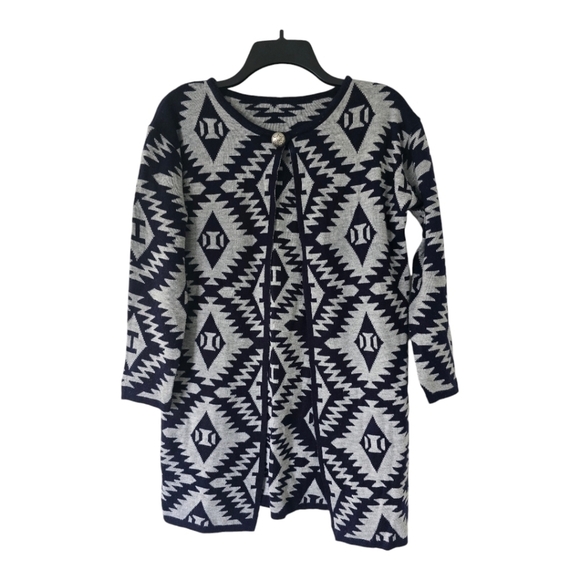 Cardigan Sweater Womens Sz L  Geometric Print Long Sleeve Preppy Grannycore - Picture 1 of 9